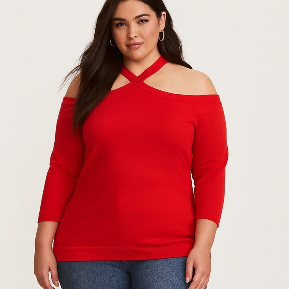 Torrid Womens Pullover Cross Neck Cold Shoulder Sweater Red Orange Plus Size 1X - Picture 1 of 15